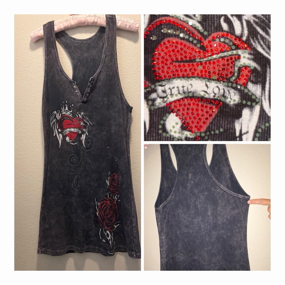 Vintage Y2K Ed Hardy Acid Wash Ribbed Tank MiniDress True Love Rhinestone Grey S